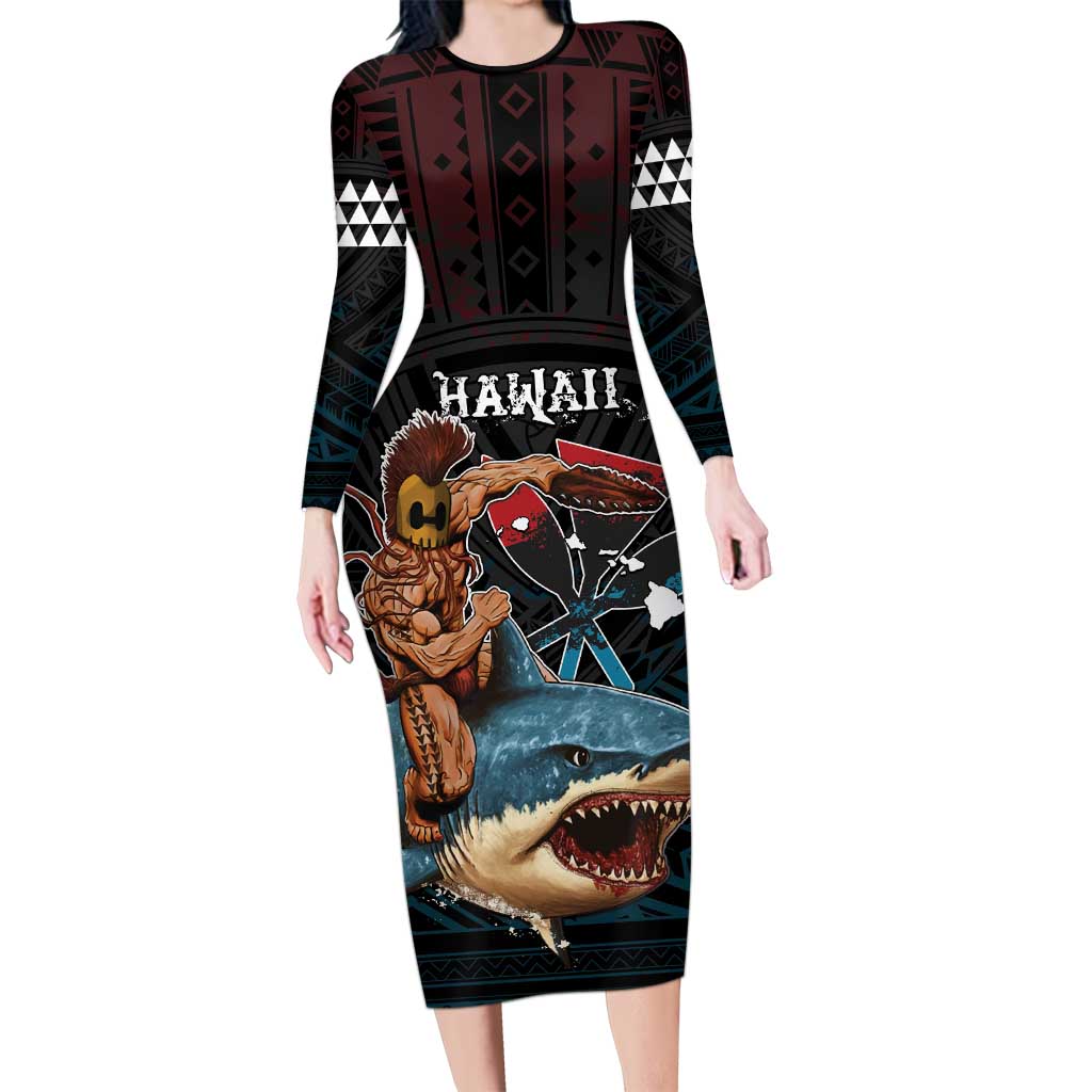 Hawaii Ikaika Long Sleeve Bodycon Dress Hawaiian Mythic Koa Tribal Warrior LT05 Long Dress Black - Polynesian Pride