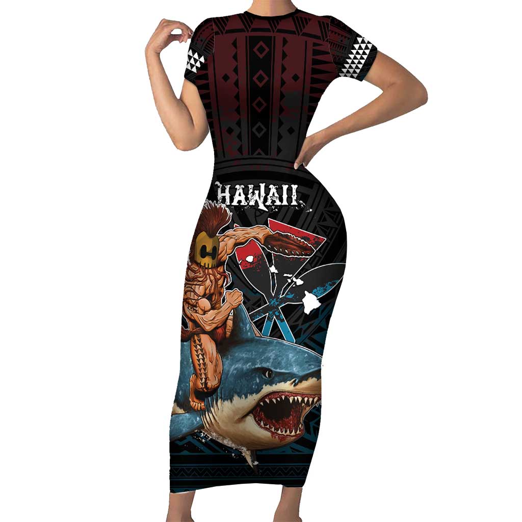 Hawaii Ikaika Short Sleeve Bodycon Dress Hawaiian Mythic Koa Tribal Warrior LT05 Long Dress Black - Polynesian Pride