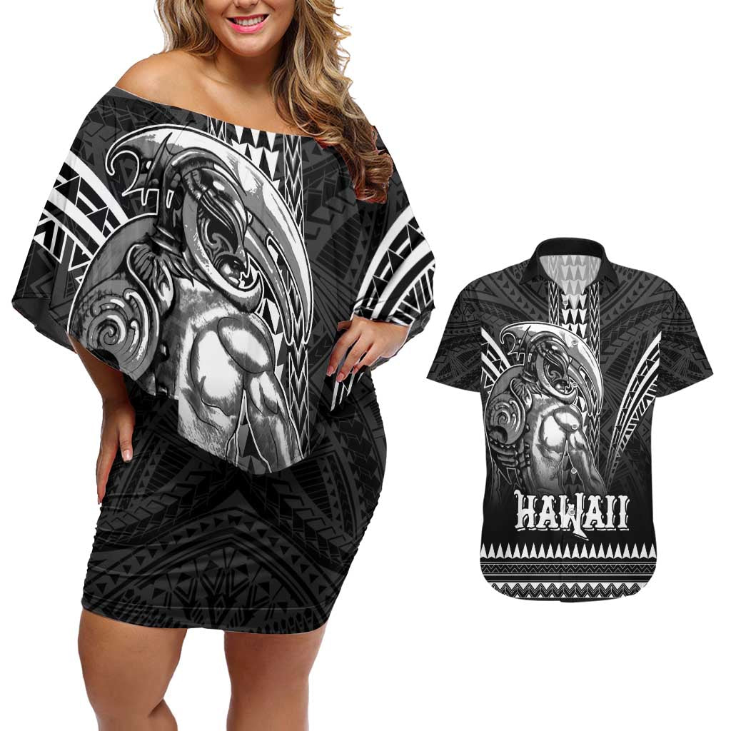 Hawaiian Ikaika Warrior Couples Matching Off Shoulder Short Dress and Hawaiian Shirt Tribal Pattern