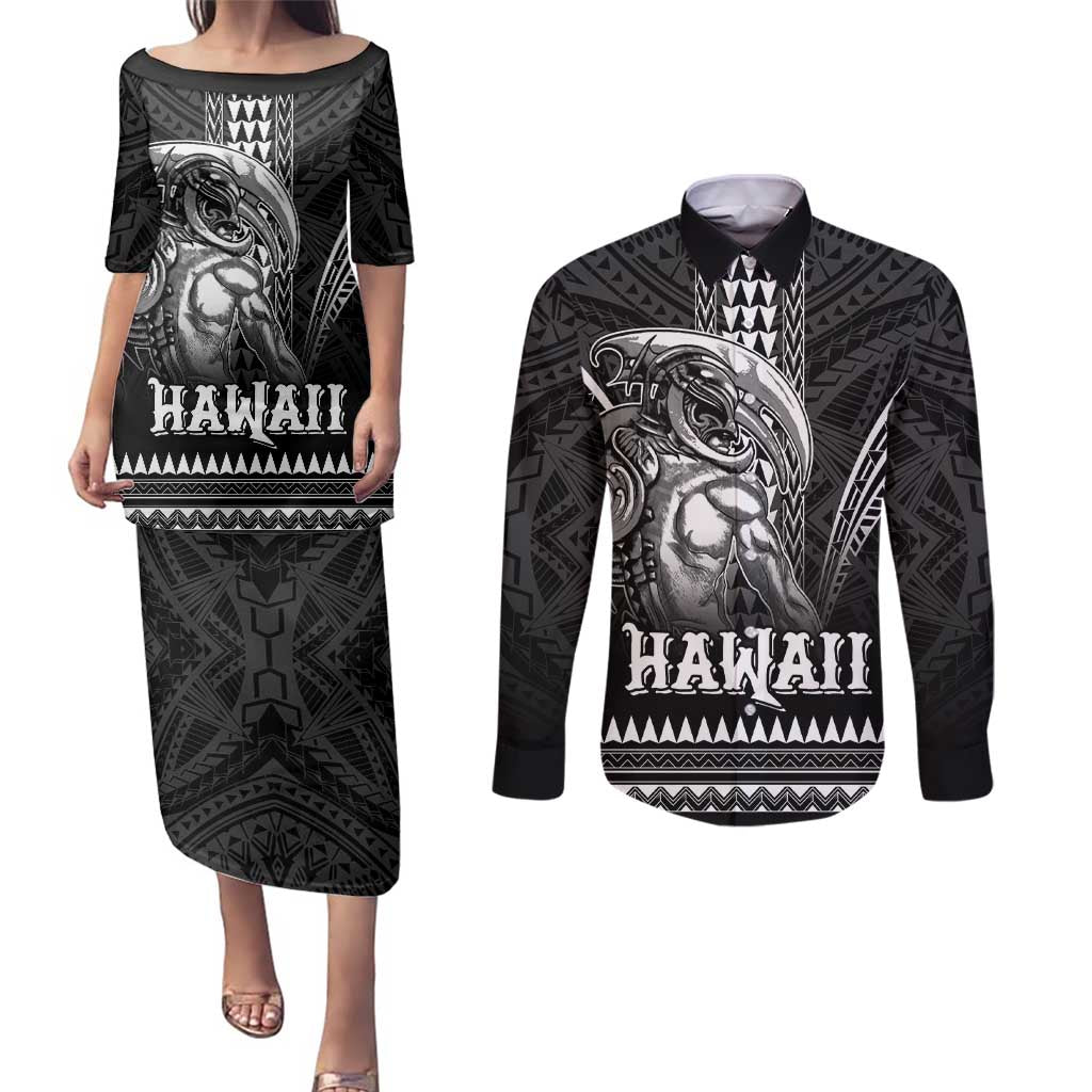 Hawaiian Ikaika Warrior Couples Matching Puletasi and Long Sleeve Button Shirt Tribal Pattern LT05 Black - Polynesian Pride