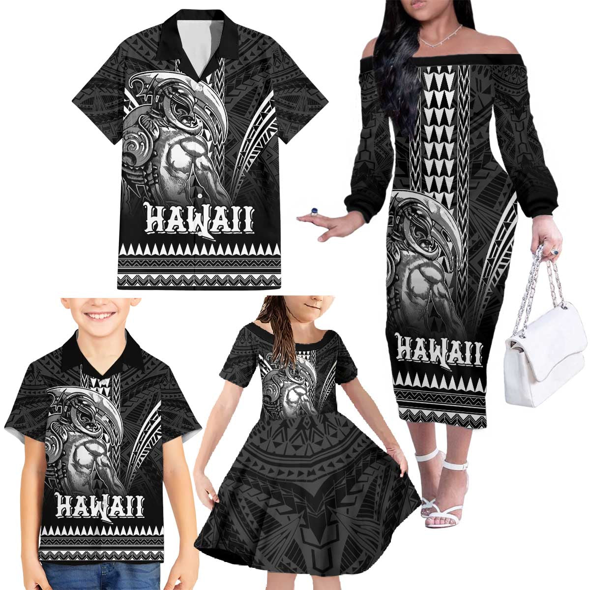 Hawaiian Ikaika Warrior Family Matching Off The Shoulder Long Sleeve Dress and Hawaiian Shirt Tribal Pattern LT05 - Polynesian Pride