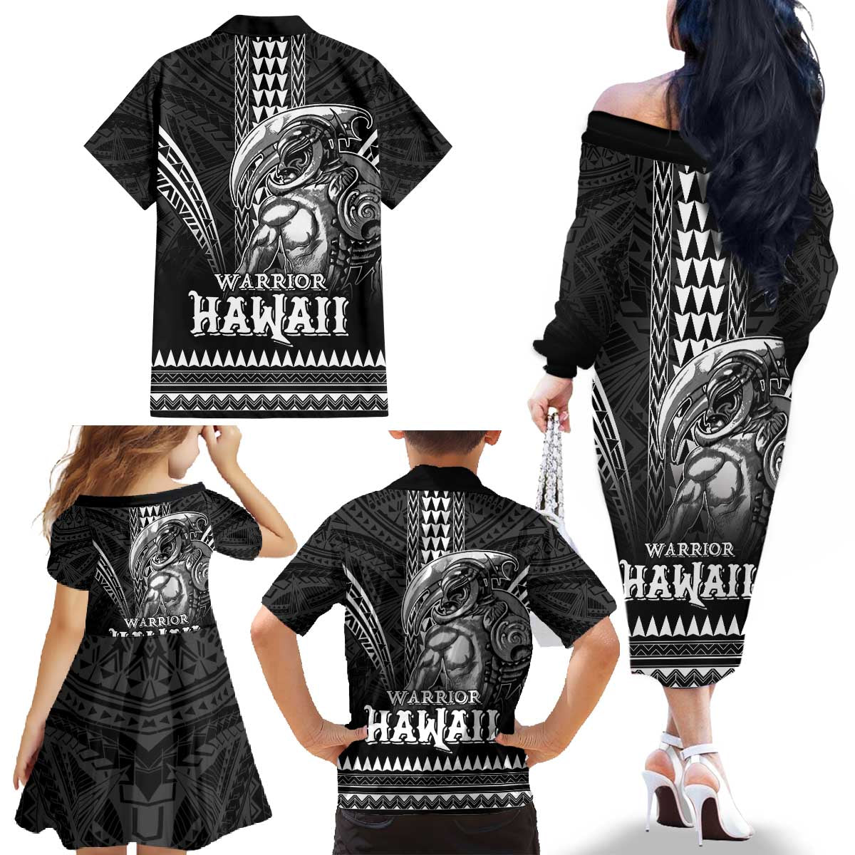 Hawaiian Ikaika Warrior Family Matching Off The Shoulder Long Sleeve Dress and Hawaiian Shirt Tribal Pattern LT05 - Polynesian Pride