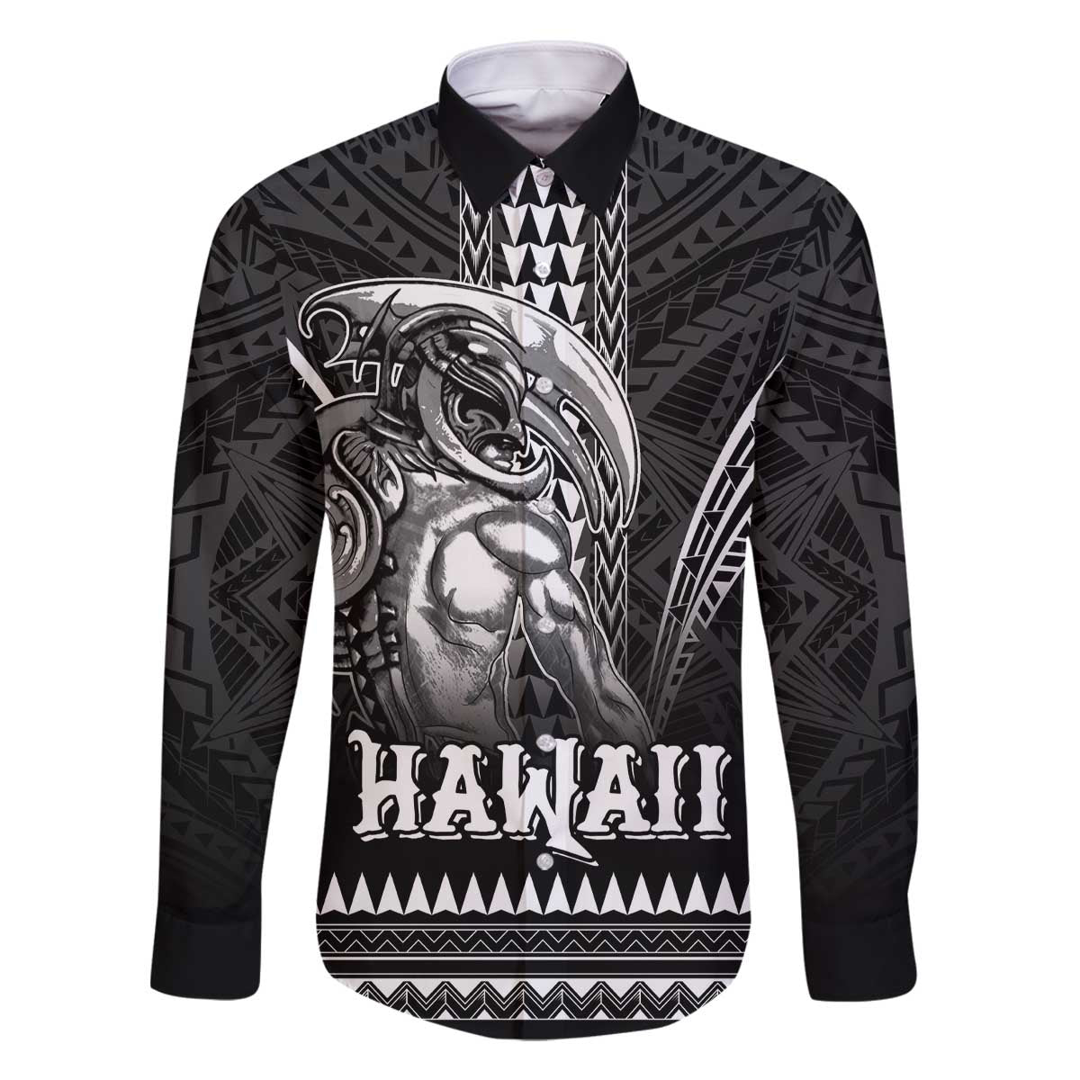 Hawaiian Ikaika Warrior Family Matching Off The Shoulder Long Sleeve Dress and Hawaiian Shirt Tribal Pattern LT05 Dad's Shirt - Long Sleeve Black - Polynesian Pride