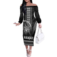 Hawaiian Ikaika Warrior Family Matching Off The Shoulder Long Sleeve Dress and Hawaiian Shirt Tribal Pattern LT05 Mom's Dress Black - Polynesian Pride