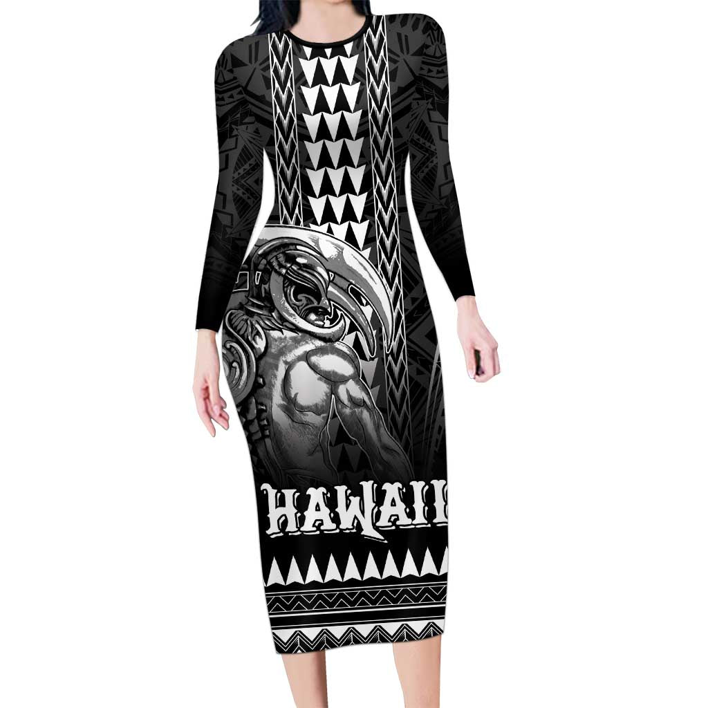 Hawaiian Ikaika Warrior Long Sleeve Bodycon Dress Tribal Pattern LT05 Long Dress Black - Polynesian Pride