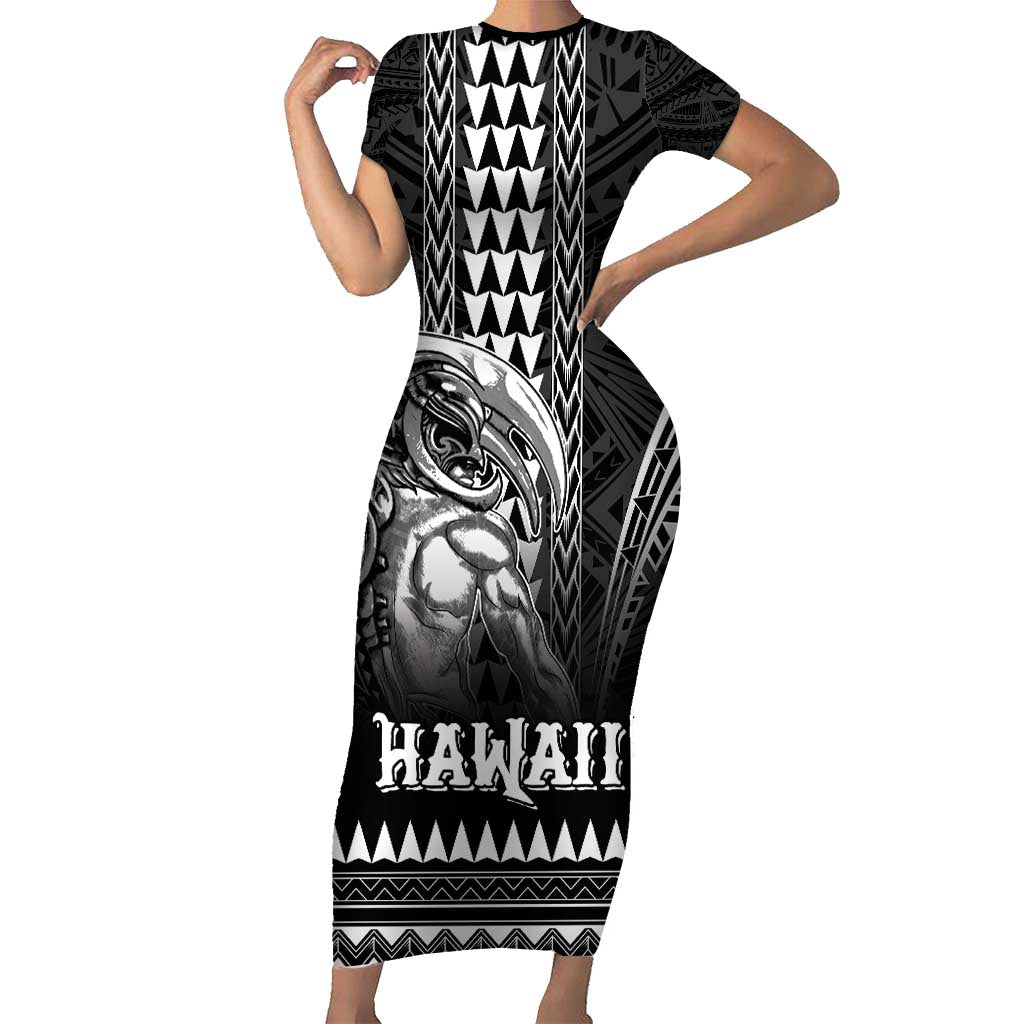 Hawaiian Ikaika Warrior Short Sleeve Bodycon Dress Tribal Pattern LT05 Long Dress Black - Polynesian Pride