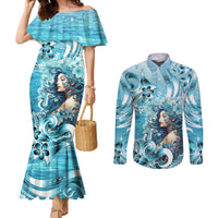 Hawaii Namaka Goddess Of The Sea Couples Matching Mermaid Dress and Long Sleeve Button Shirt Polynesian Style LT05 Turquoise - Polynesian Pride