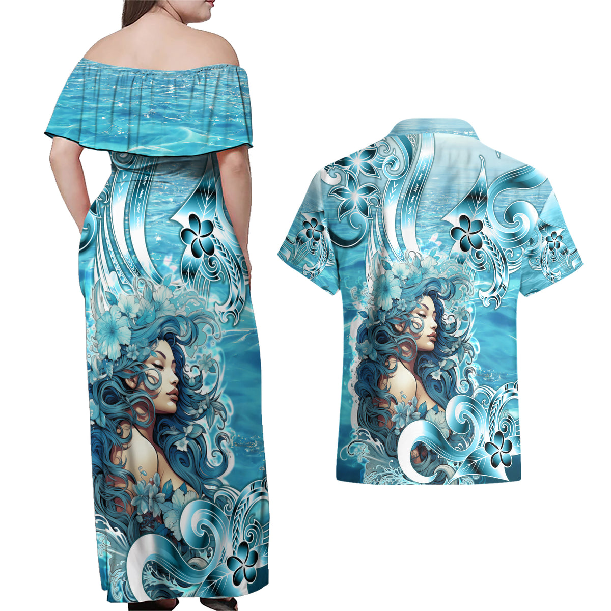 Hawaii Namaka Goddess Of The Sea Couples Matching Off Shoulder Maxi Dress and Hawaiian Shirt Polynesian Style LT05 - Polynesian Pride