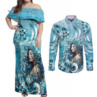 Hawaii Namaka Goddess Of The Sea Couples Matching Off Shoulder Maxi Dress and Long Sleeve Button Shirt Polynesian Style LT05 Turquoise - Polynesian Pride