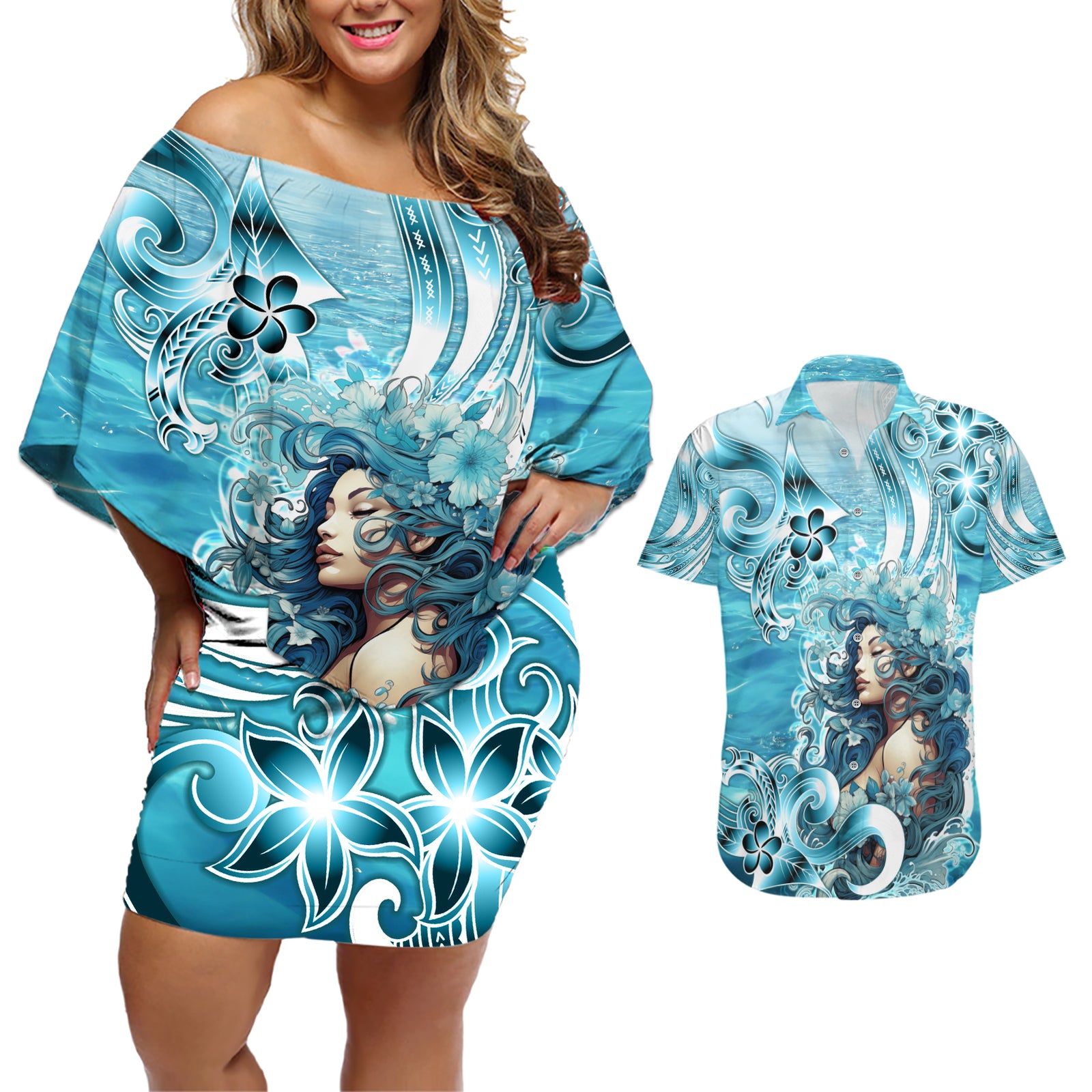 Hawaii Namaka Goddess Of The Sea Couples Matching Off Shoulder Short Dress and Hawaiian Shirt Polynesian Style LT05 Turquoise - Polynesian Pride