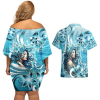 Hawaii Namaka Goddess Of The Sea Couples Matching Off Shoulder Short Dress and Hawaiian Shirt Polynesian Style LT05 - Polynesian Pride