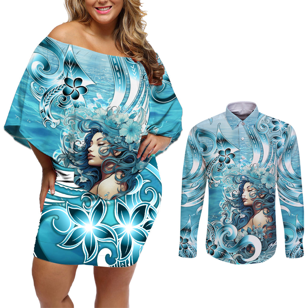 Hawaii Namaka Goddess Of The Sea Couples Matching Off Shoulder Short Dress and Long Sleeve Button Shirt Polynesian Style LT05 Turquoise - Polynesian Pride