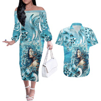 Hawaii Namaka Goddess Of The Sea Couples Matching Off The Shoulder Long Sleeve Dress and Hawaiian Shirt Polynesian Style LT05 Turquoise - Polynesian Pride