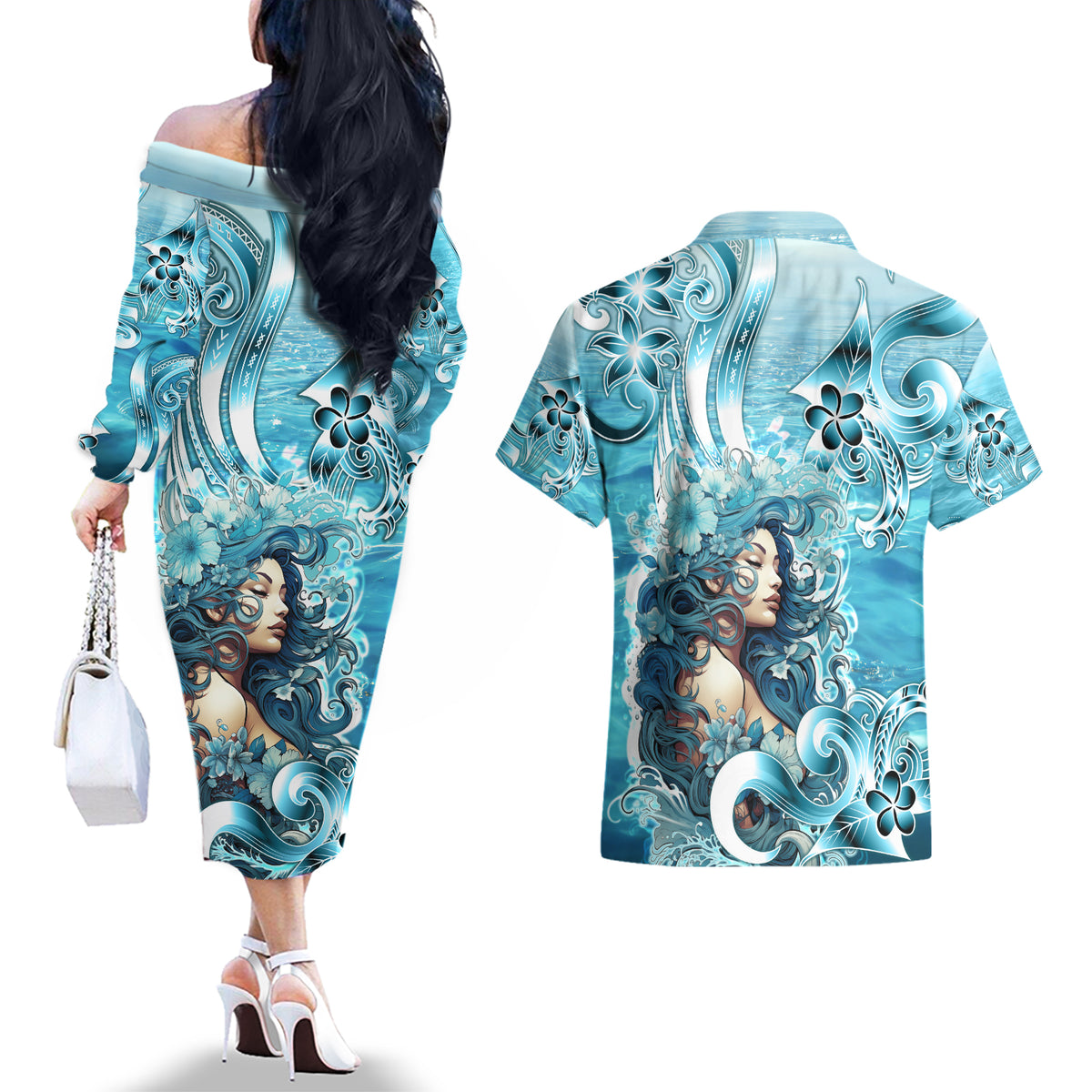 Hawaii Namaka Goddess Of The Sea Couples Matching Off The Shoulder Long Sleeve Dress and Hawaiian Shirt Polynesian Style LT05 - Polynesian Pride