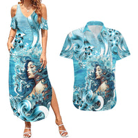 Hawaii Namaka Goddess Of The Sea Couples Matching Summer Maxi Dress and Hawaiian Shirt Polynesian Style LT05 Turquoise - Polynesian Pride