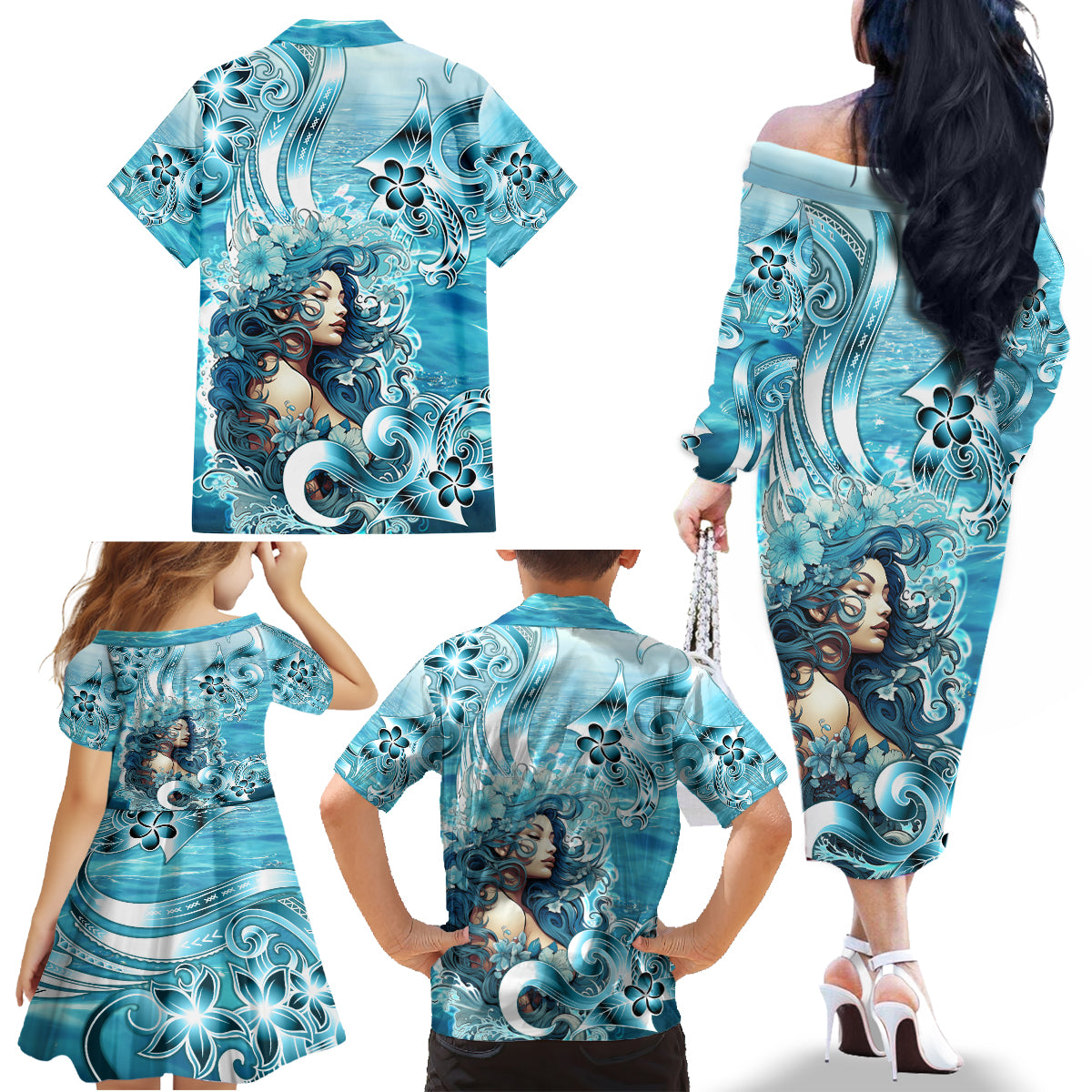 Hawaii Namaka Goddess Of The Sea Family Matching Off Shoulder Long Sleeve Dress and Hawaiian Shirt Polynesian Style LT05 - Polynesian Pride