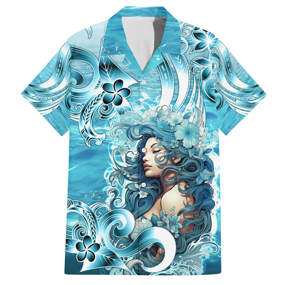 Hawaii Namaka Goddess Of The Sea Family Matching Short Sleeve Bodycon Dress and Hawaiian Shirt Polynesian Style LT05 Dad's Shirt - Short Sleeve Turquoise - Polynesian Pride