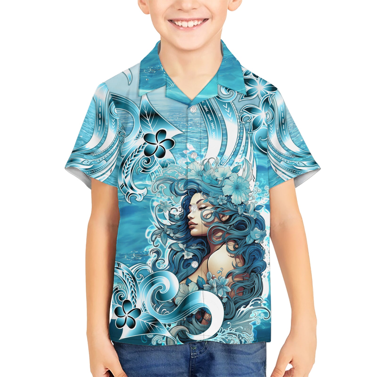 Hawaii Namaka Goddess Of The Sea Kid Hawaiian Shirt Polynesian Style LT05 Kid Turquoise - Polynesian Pride