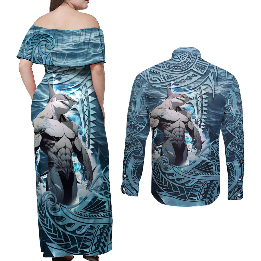 Hawaiian Shark God Kamohoalii Couples Matching Off Shoulder Maxi Dress and Long Sleeve Button Shirt Polynesian Style LT05 - Polynesian Pride