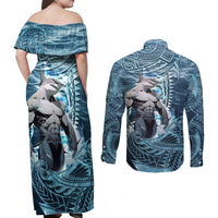 Hawaiian Shark God Kamohoalii Couples Matching Off Shoulder Maxi Dress and Long Sleeve Button Shirt Polynesian Style LT05 - Polynesian Pride