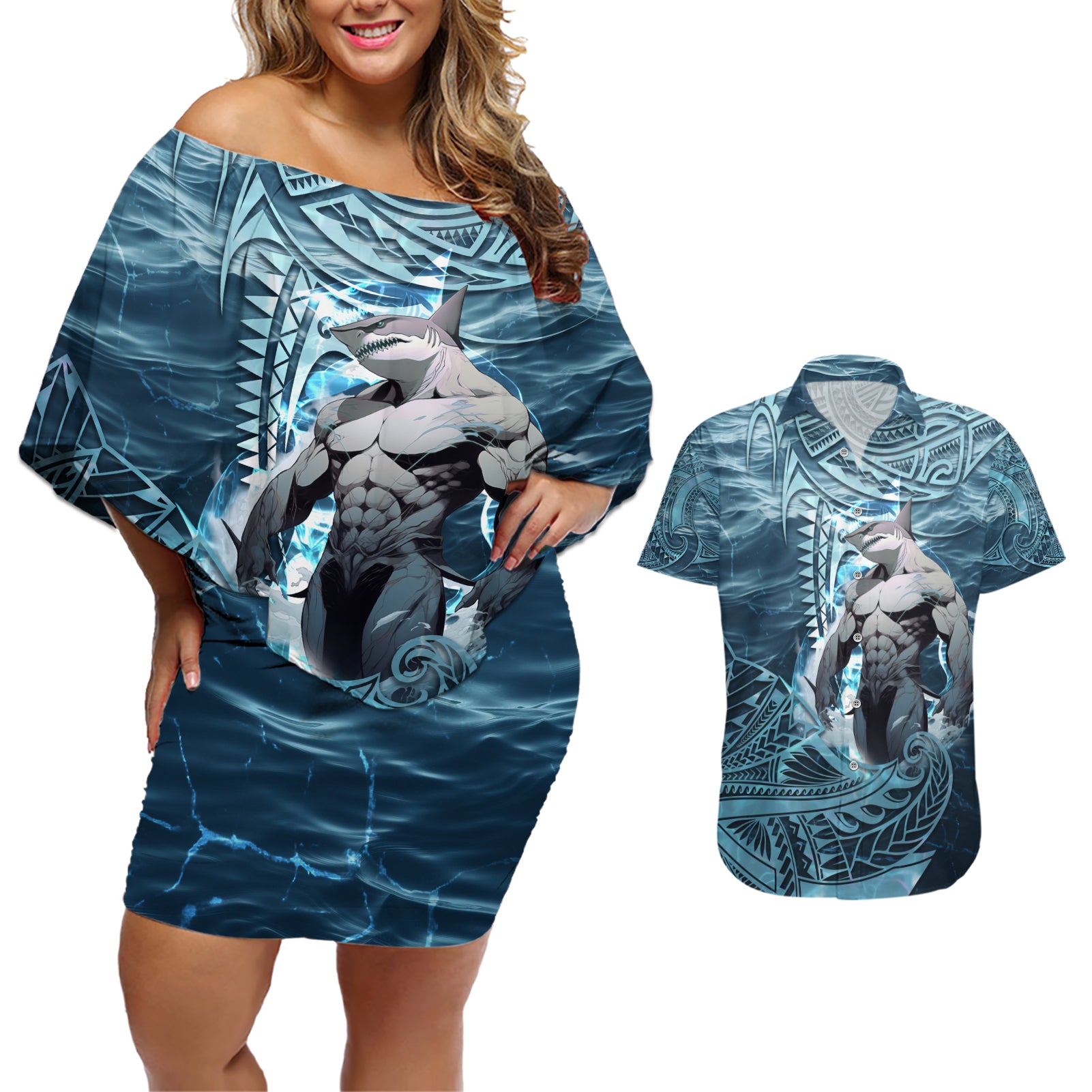 Hawaiian Shark God Kamohoalii Couples Matching Off Shoulder Short Dress and Hawaiian Shirt Polynesian Style LT05 Blue - Polynesian Pride