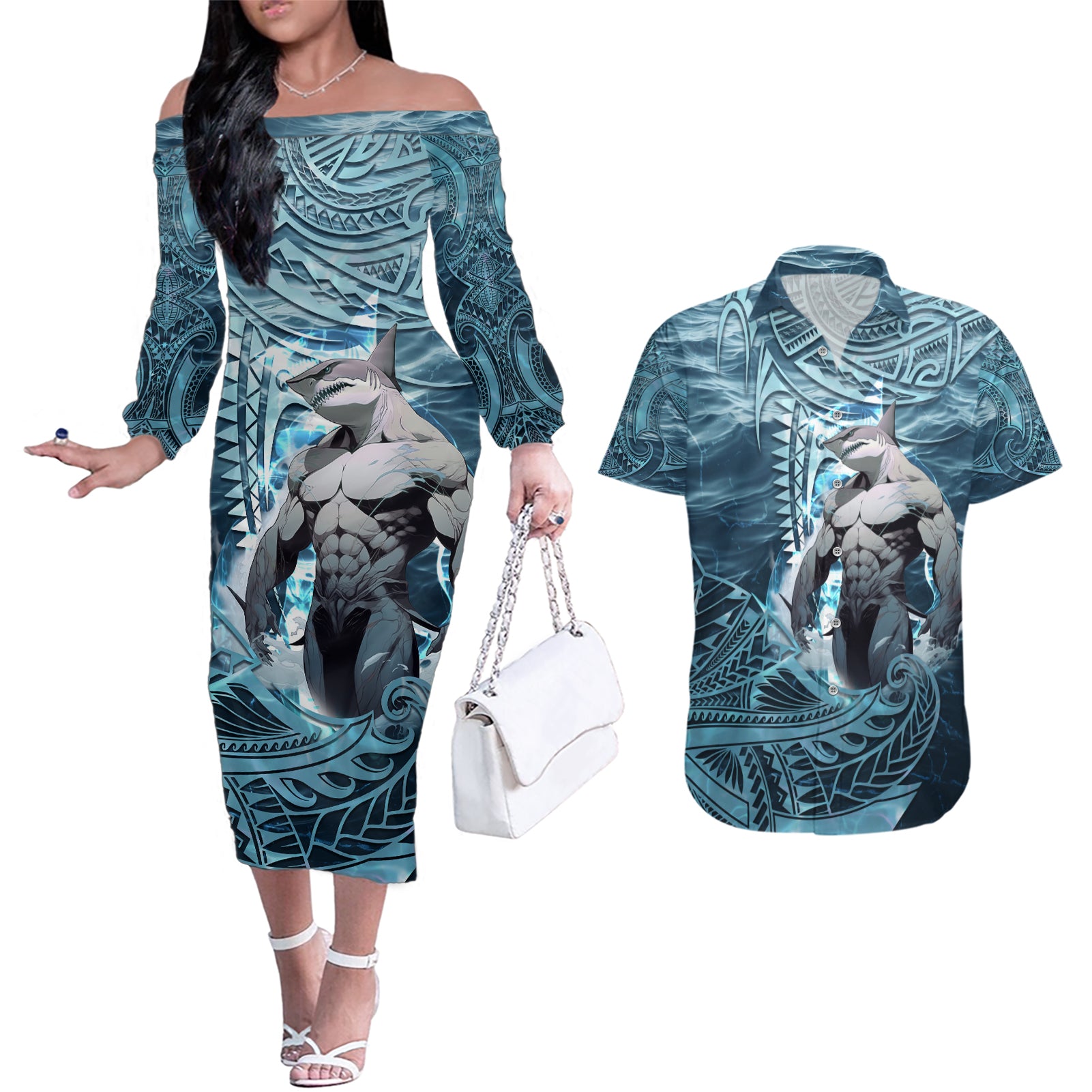Hawaiian Shark God Kamohoalii Couples Matching Off The Shoulder Long Sleeve Dress and Hawaiian Shirt Polynesian Style LT05 Blue - Polynesian Pride