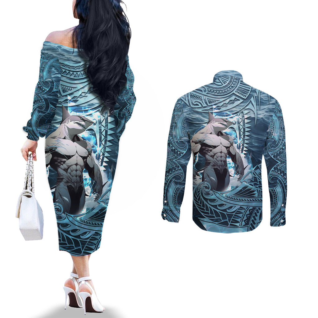 Hawaiian Shark God Kamohoalii Couples Matching Off The Shoulder Long Sleeve Dress and Long Sleeve Button Shirt Polynesian Style LT05 - Polynesian Pride