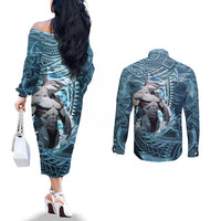 Hawaiian Shark God Kamohoalii Couples Matching Off The Shoulder Long Sleeve Dress and Long Sleeve Button Shirt Polynesian Style LT05 - Polynesian Pride