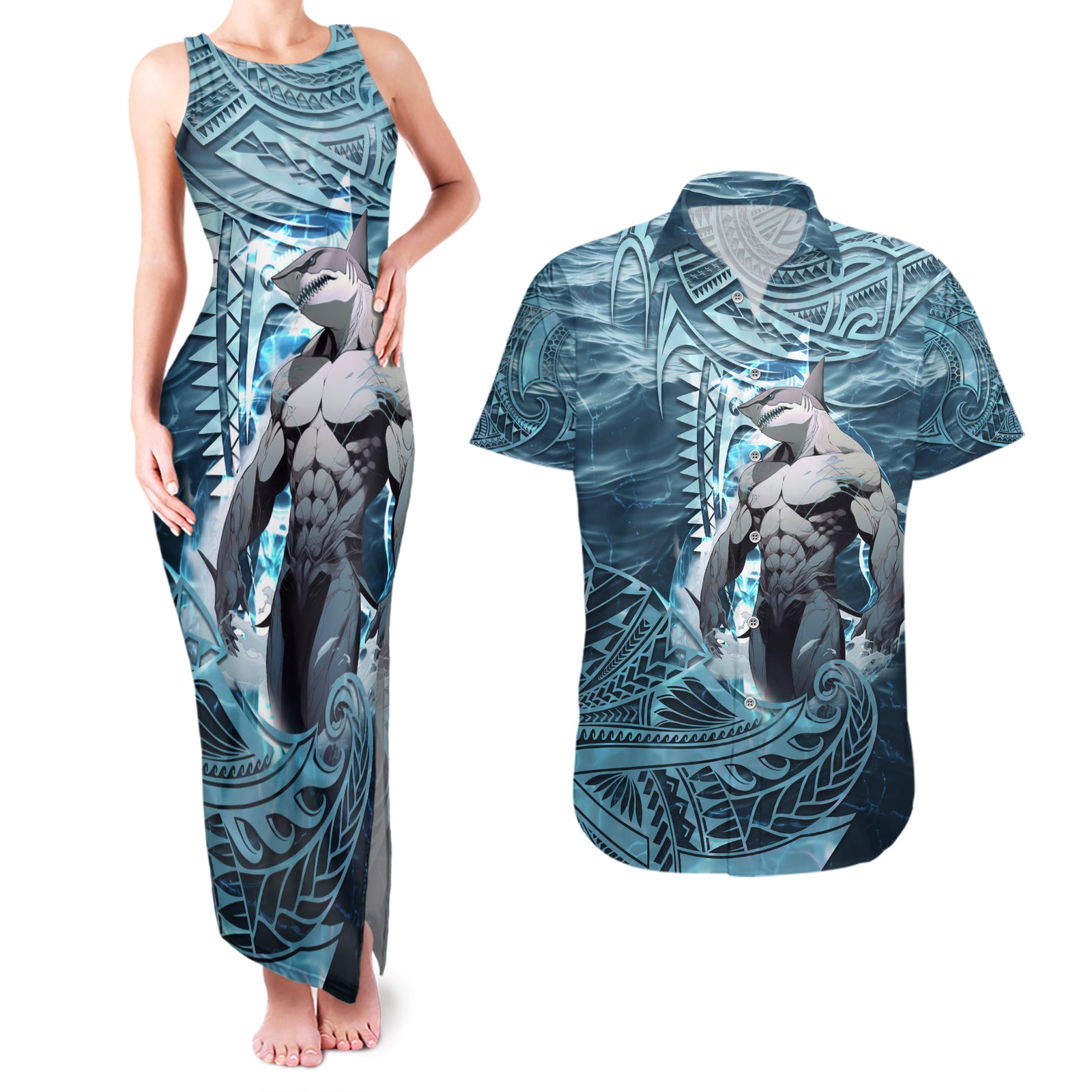 Hawaiian Shark God Kamohoalii Couples Matching Tank Maxi Dress and Hawaiian Shirt Polynesian Style LT05 Blue - Polynesian Pride