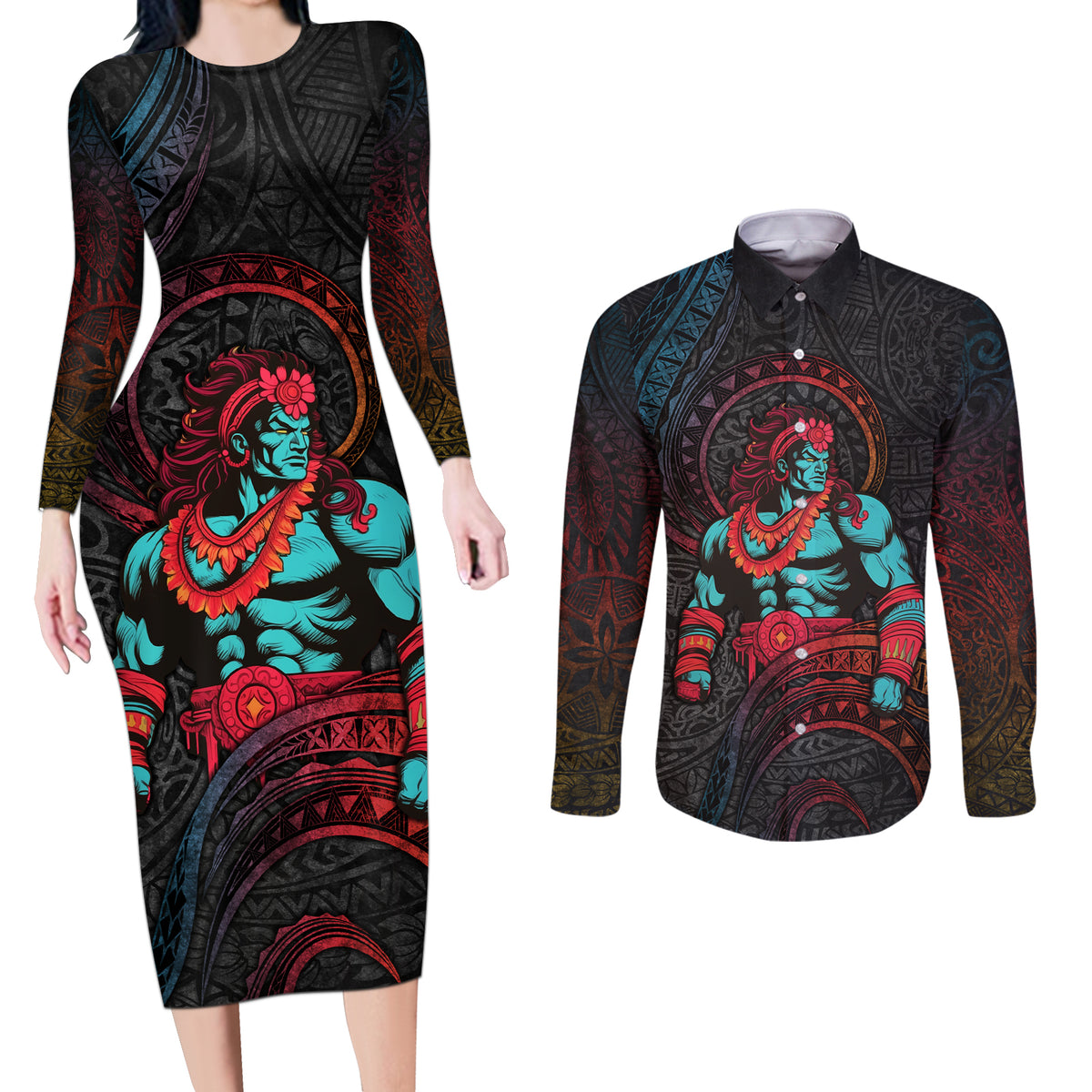 Hawaiian Demigod Maui Couples Matching Long Sleeve Bodycon Dress and Long Sleeve Button Shirt Polynesian Mythology LT05 Black - Polynesian Pride