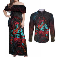 Hawaiian Demigod Maui Couples Matching Off Shoulder Maxi Dress and Long Sleeve Button Shirt Polynesian Mythology LT05 Black - Polynesian Pride