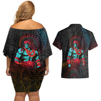 Hawaiian Demigod Maui Couples Matching Off Shoulder Short Dress and Hawaiian Shirt Polynesian Mythology LT05 - Polynesian Pride
