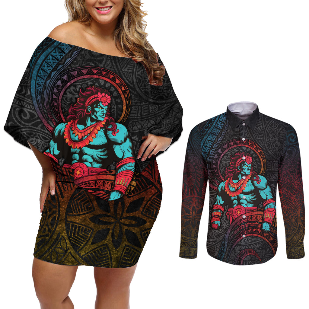 Hawaiian Demigod Maui Couples Matching Off Shoulder Short Dress and Long Sleeve Button Shirt Polynesian Mythology LT05 Black - Polynesian Pride