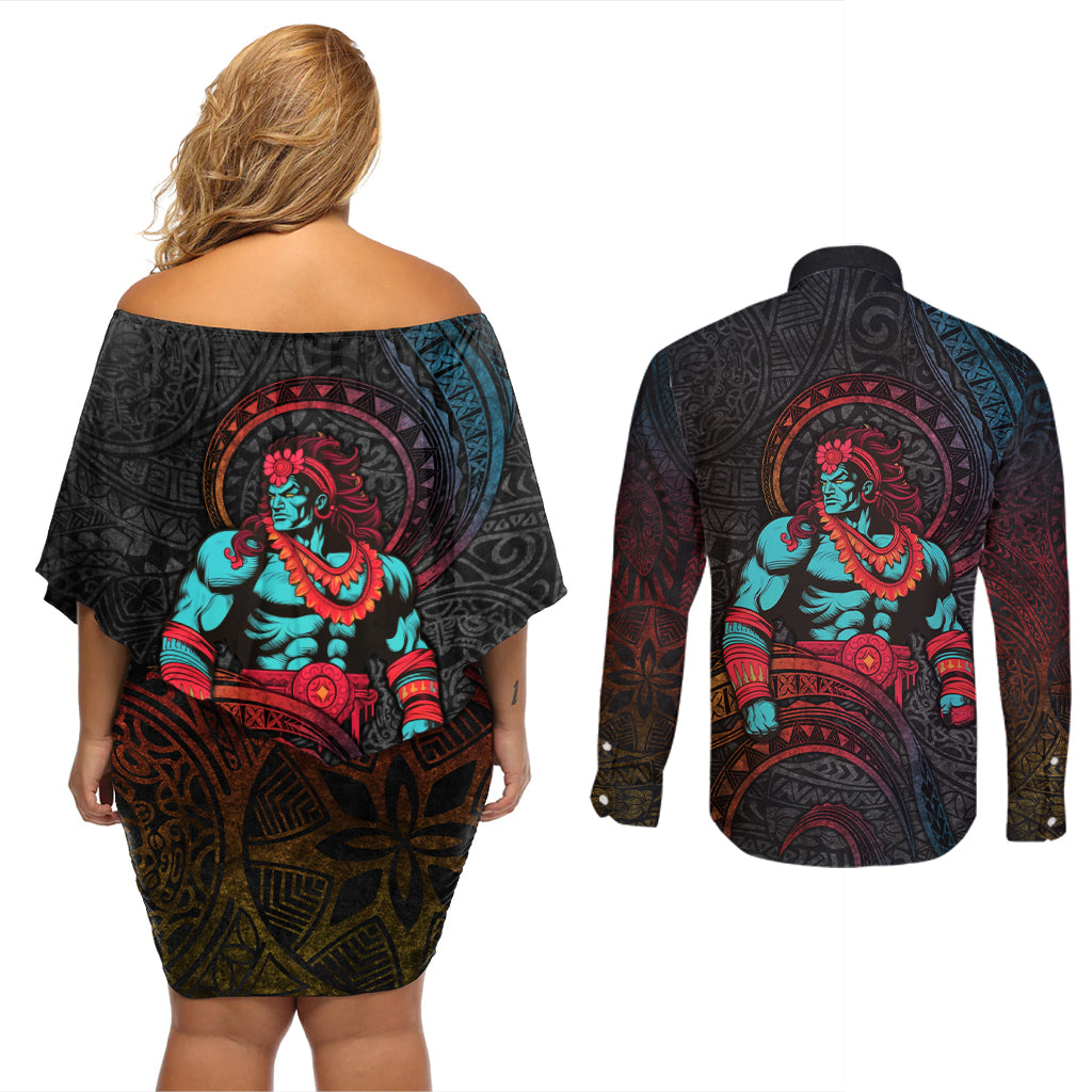 Hawaiian Demigod Maui Couples Matching Off Shoulder Short Dress and Long Sleeve Button Shirt Polynesian Mythology LT05 - Polynesian Pride