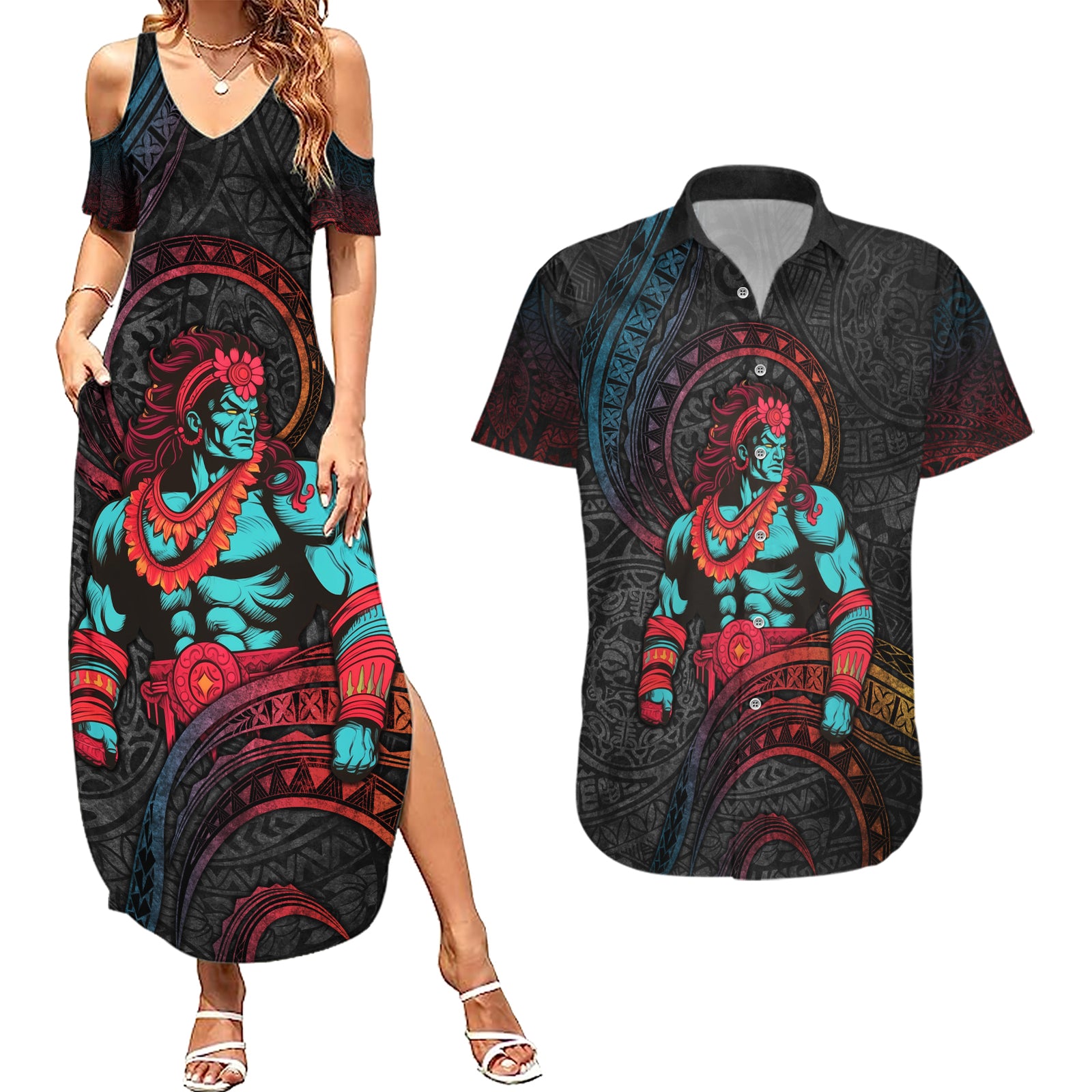 Hawaiian Demigod Maui Couples Matching Summer Maxi Dress and Hawaiian Shirt Polynesian Mythology LT05 Black - Polynesian Pride