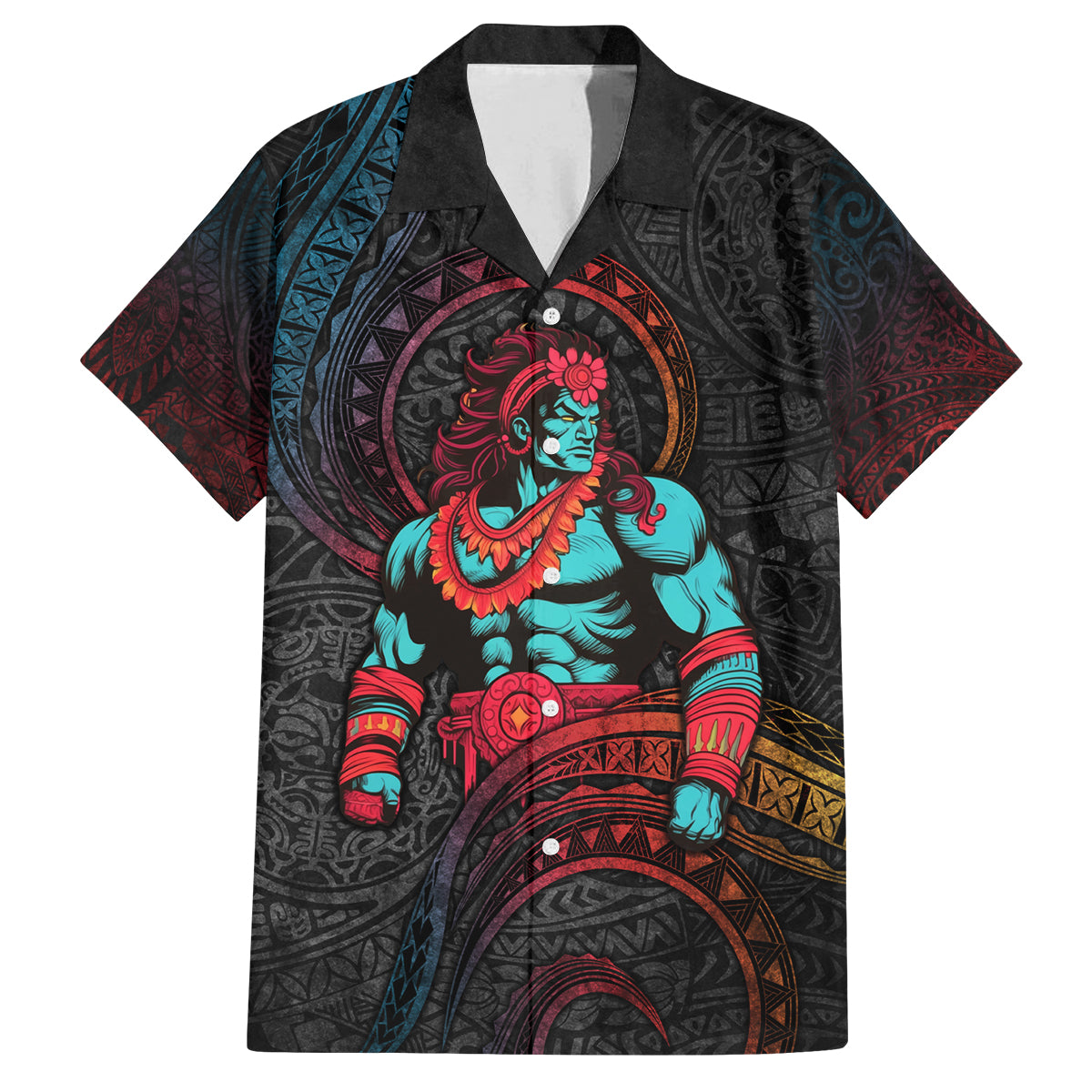 Hawaiian Demigod Maui Family Matching Off Shoulder Long Sleeve Dress and Hawaiian Shirt Polynesian Mythology LT05 Dad's Shirt - Short Sleeve Black - Polynesian Pride