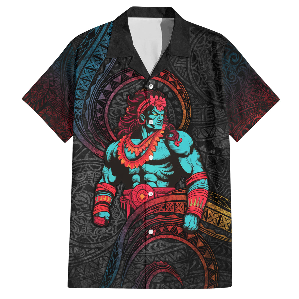 Hawaiian Demigod Maui Family Matching Short Sleeve Bodycon Dress and Hawaiian Shirt Polynesian Mythology LT05 Dad's Shirt - Short Sleeve Black - Polynesian Pride