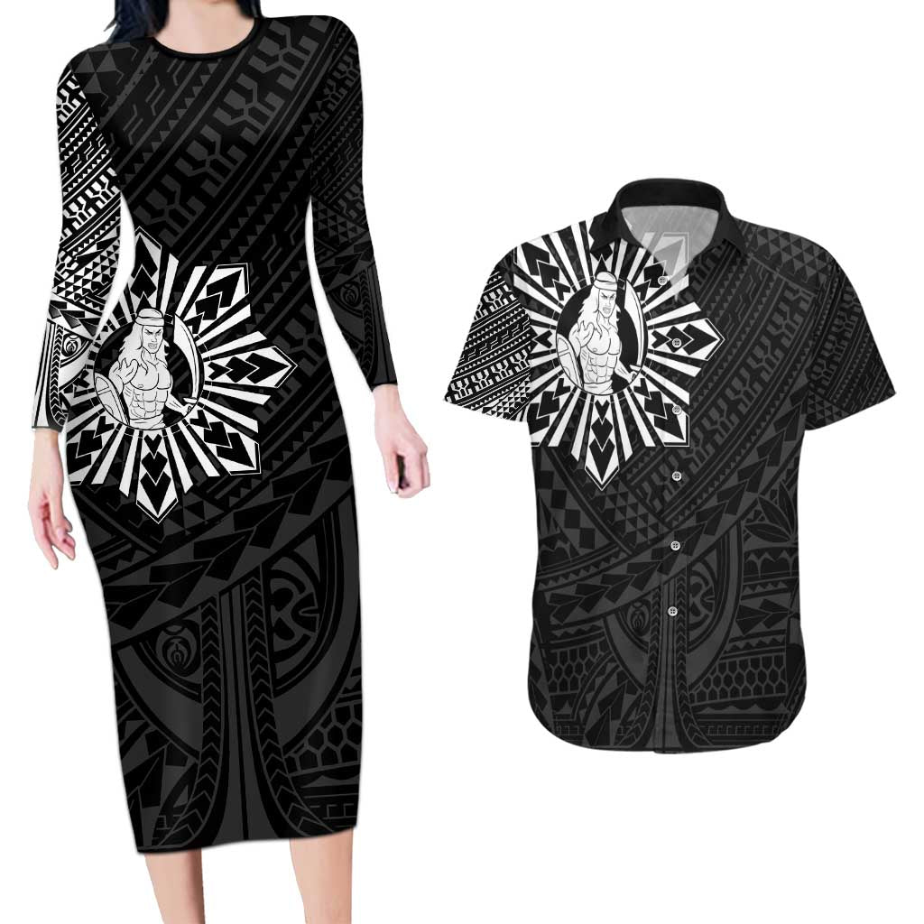 Philippines Tribal Couples Matching Long Sleeve Bodycon Dress and Hawaiian Shirt King Lapu Lapu Black Version LT05 Black - Polynesian Pride