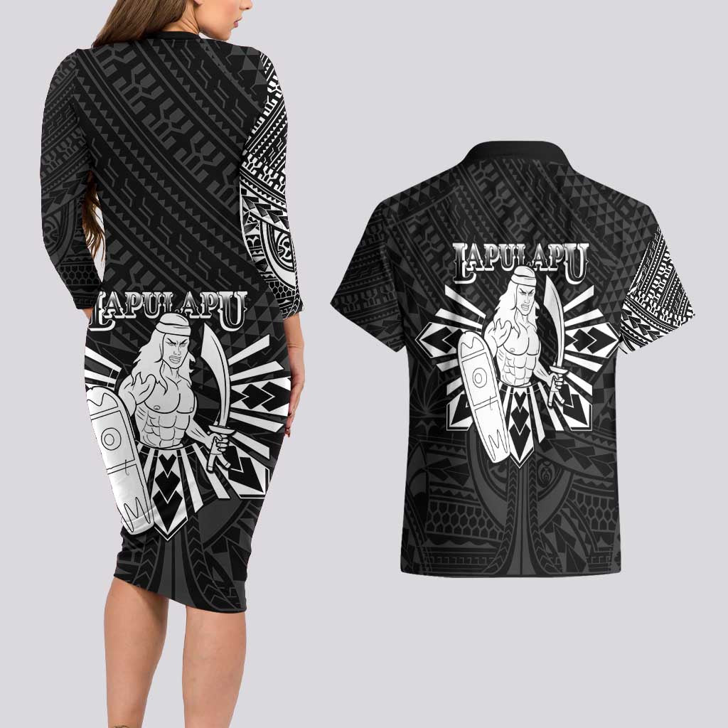 Philippines Tribal Couples Matching Long Sleeve Bodycon Dress and Hawaiian Shirt King Lapu Lapu Black Version LT05 - Polynesian Pride