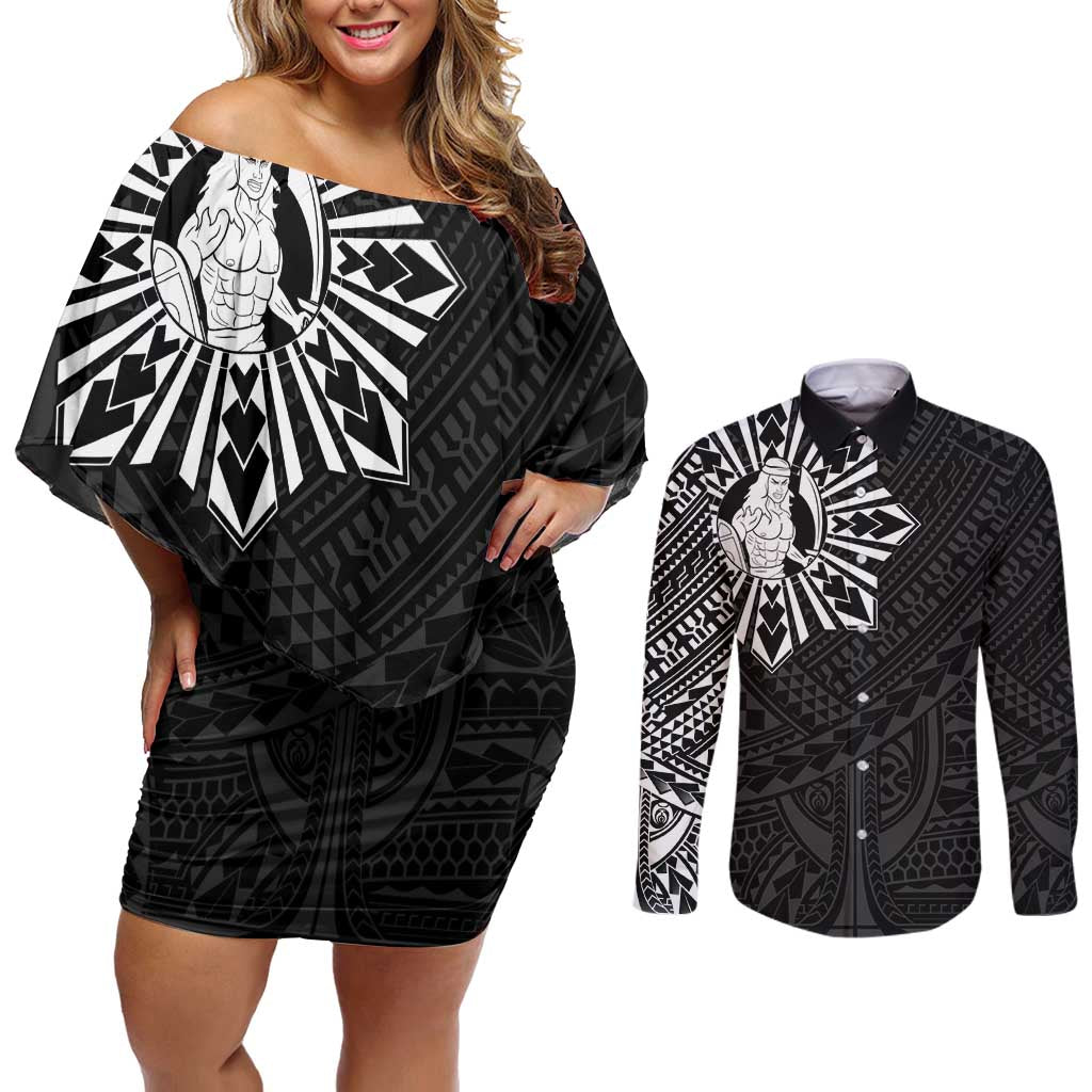 Philippines Tribal Couples Matching Off Shoulder Short Dress and Long Sleeve Button Shirt King Lapu Lapu Black Version LT05 Black - Polynesian Pride