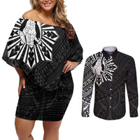 Philippines Tribal Couples Matching Off Shoulder Short Dress and Long Sleeve Button Shirt King Lapu Lapu Black Version LT05 Black - Polynesian Pride