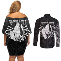 Philippines Tribal Couples Matching Off Shoulder Short Dress and Long Sleeve Button Shirt King Lapu Lapu Black Version LT05 - Polynesian Pride