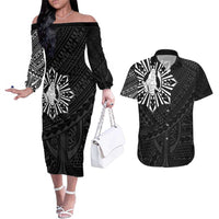 Philippines Tribal Couples Matching Off The Shoulder Long Sleeve Dress and Hawaiian Shirt King Lapu Lapu Black Version LT05 Black - Polynesian Pride