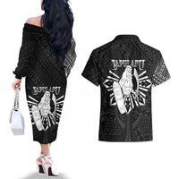 Philippines Tribal Couples Matching Off The Shoulder Long Sleeve Dress and Hawaiian Shirt King Lapu Lapu Black Version LT05 - Polynesian Pride