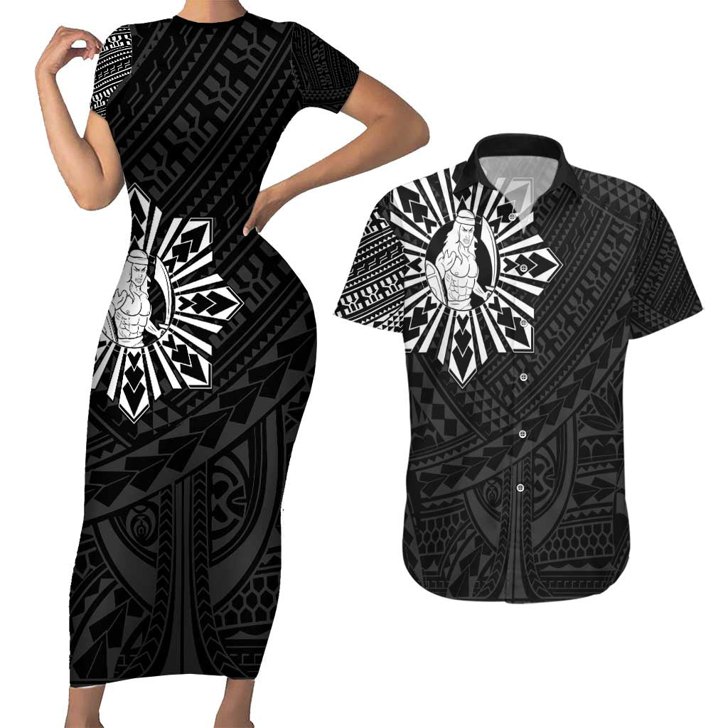 Philippines Tribal Couples Matching Short Sleeve Bodycon Dress and Hawaiian Shirt King Lapu Lapu Black Version LT05 Black - Polynesian Pride
