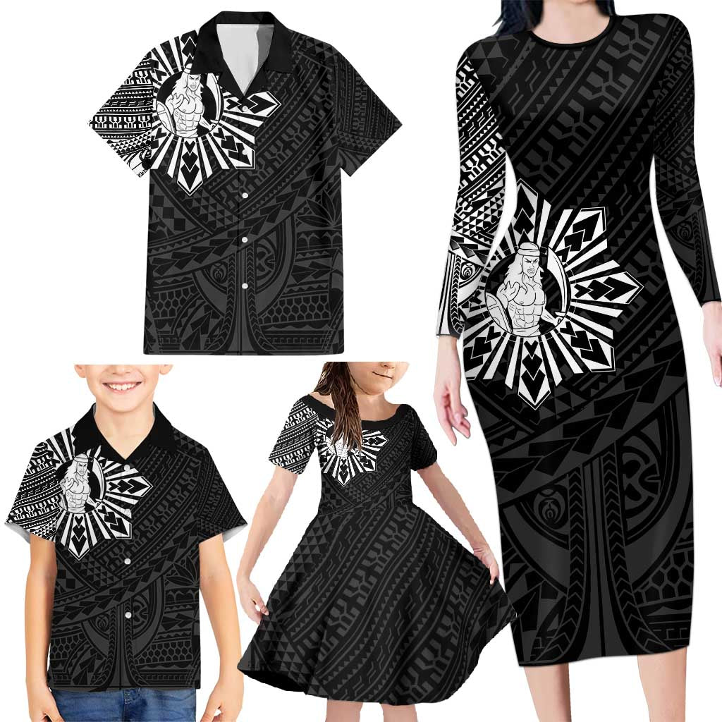 Philippines Tribal Family Matching Long Sleeve Bodycon Dress and Hawaiian Shirt King Lapu Lapu Black Version LT05 - Polynesian Pride