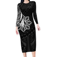 Philippines Tribal Family Matching Long Sleeve Bodycon Dress and Hawaiian Shirt King Lapu Lapu Black Version LT05 Mom's Dress Black - Polynesian Pride