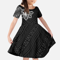 Philippines Tribal Family Matching Off The Shoulder Long Sleeve Dress and Hawaiian Shirt King Lapu Lapu Black Version LT05 Daughter's Dress Black - Polynesian Pride