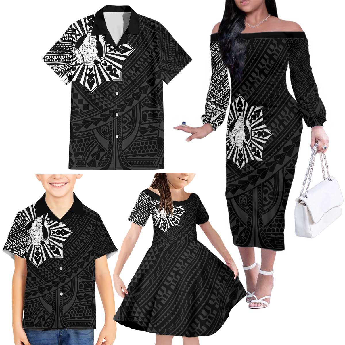 Philippines Tribal Family Matching Off The Shoulder Long Sleeve Dress and Hawaiian Shirt King Lapu Lapu Black Version LT05 - Polynesian Pride