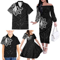Philippines Tribal Family Matching Off The Shoulder Long Sleeve Dress and Hawaiian Shirt King Lapu Lapu Black Version LT05 - Polynesian Pride